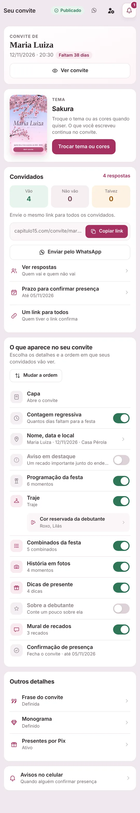 Painel da cliente no capitulo15.com: convite publicado, faltam 38 dias, tema Sakura, 4 convidados confirmados, link para enviar pelo WhatsApp e as partes do convite para ligar ou desligar